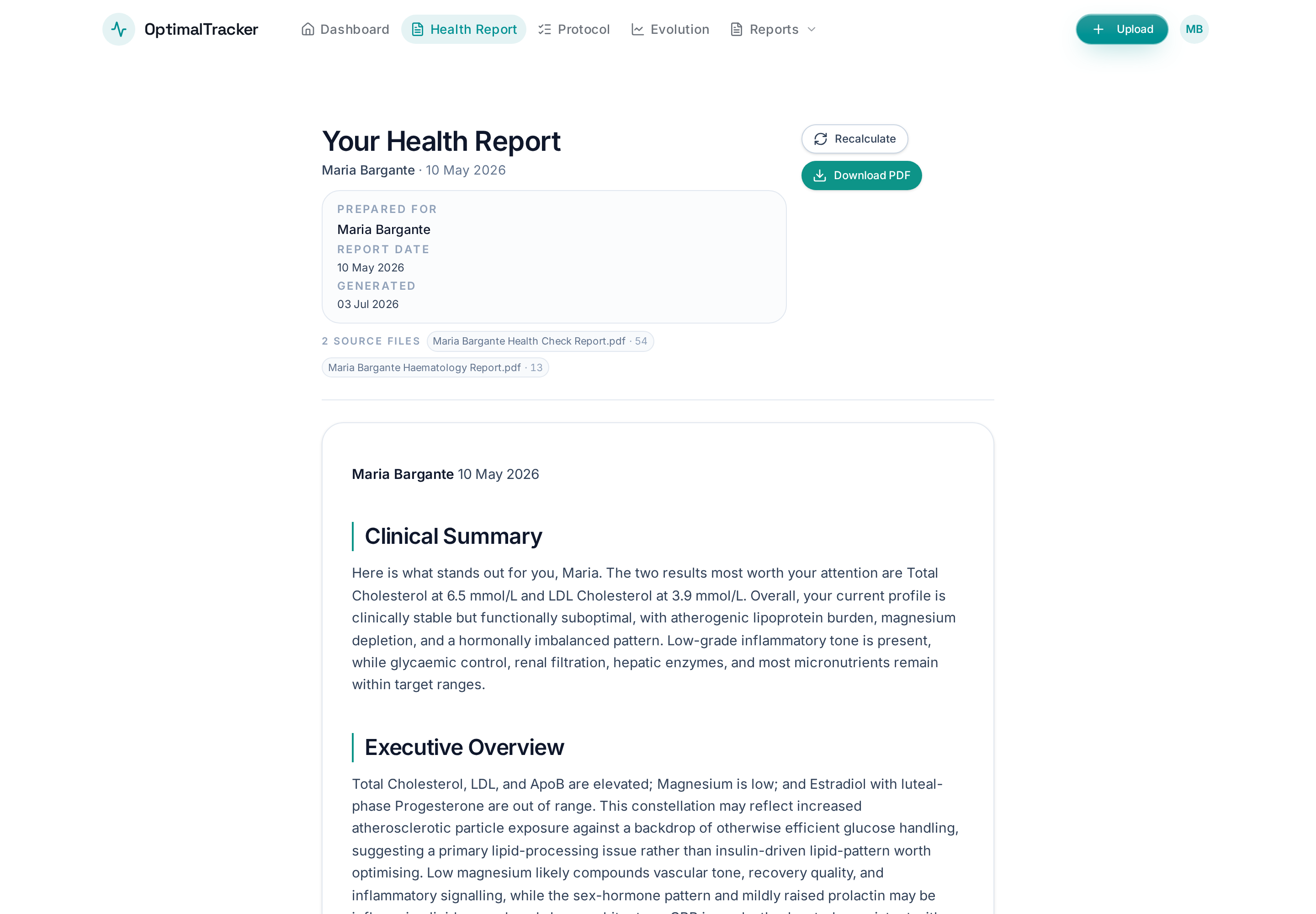 OptimalTracker Health Report showing the Clinical Summary and Executive Overview for a real user