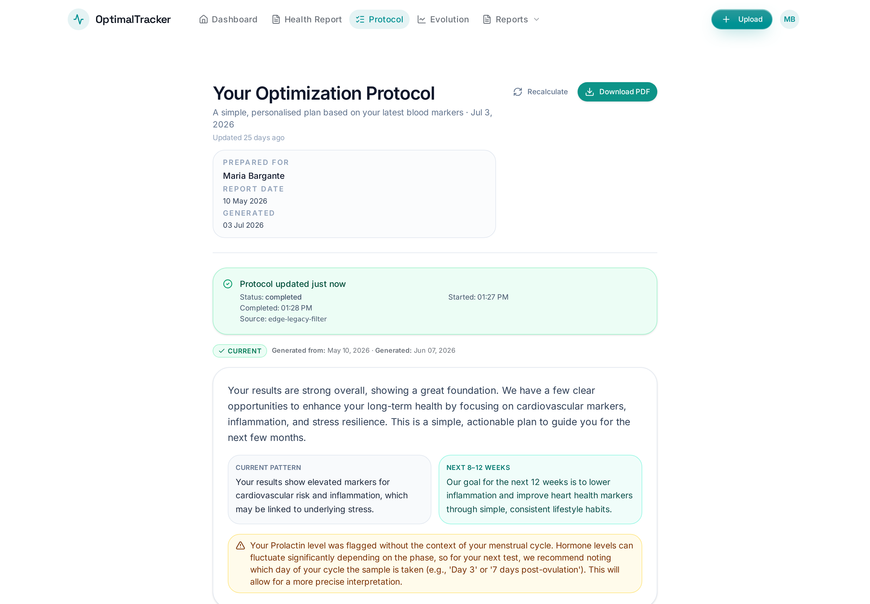 OptimalTracker Optimization Protocol page personalised to a user's latest results